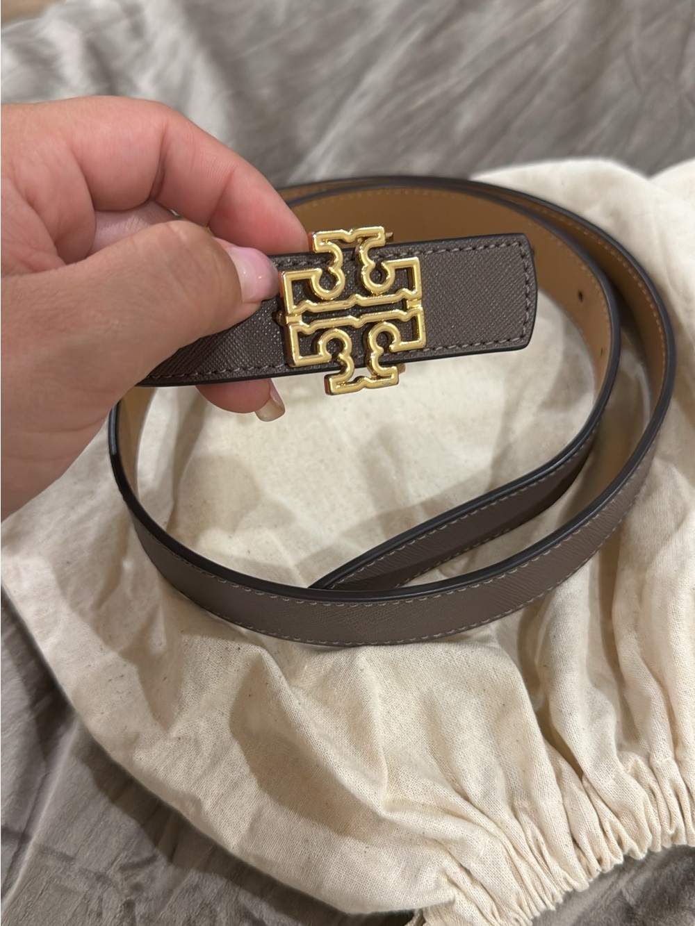 Tory Burch Brown Leather Belt with Gold Logo Buckle